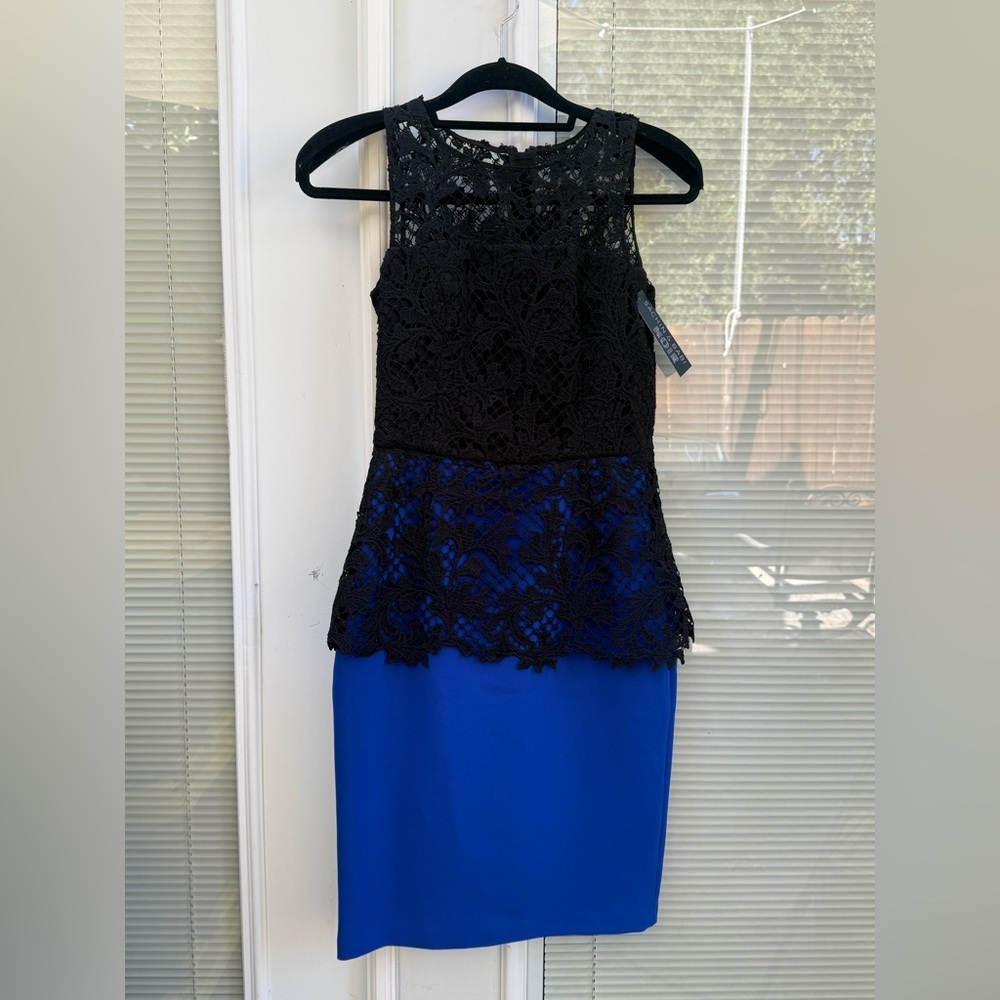 SACHIN AND BOBBY Noir Elegant Cobalt Blue with Black Lace Cocktail Dress NWT